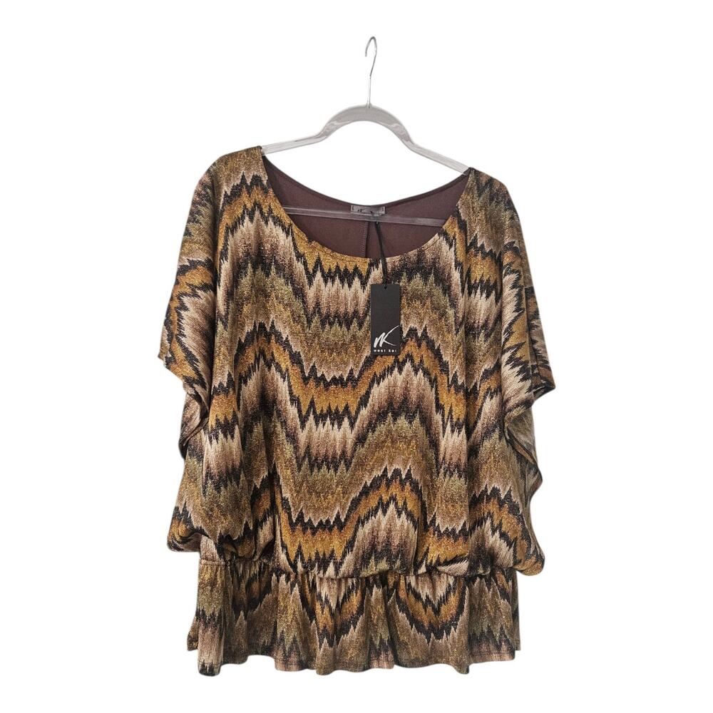 West Kei NWT Womens 3XL Blouse Gold Black Scoop Neck Elastic Waist Cape Sleeves
